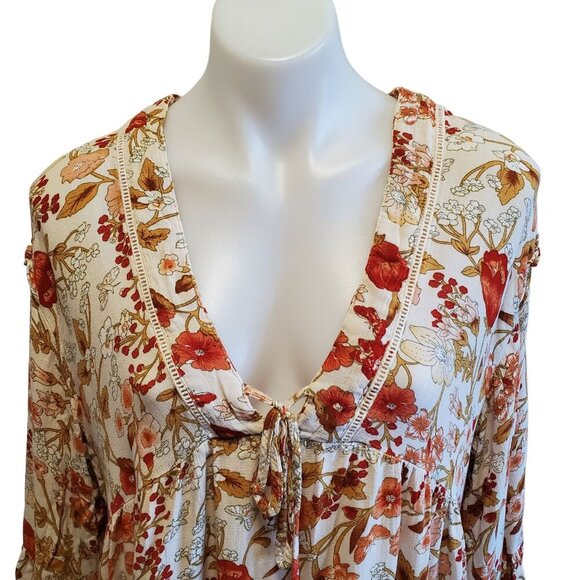 Rachel Zoe Med Floral Peasant Hippie V-Neck Blouse White Orange Ruffel Sleeve - Picture 2 of 10
